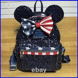 2020 Disney Parks Loungefly Minnie Americana Patriotic Blue Sequin Backpack