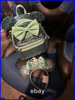 2023 Disney Parks Teal Blue & Purple Sequin Loungefly Mini Backpack & Ears New