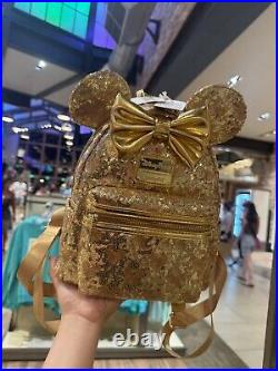 2024 Disney Parks Minnie Ear Loungefly Gold Sequin Mickey Pattern Mini Backpack