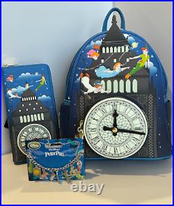 3pc Loungefly Disney PETER PAN Glow in Dark CLOCK Backpack + Wallet + Bracelet