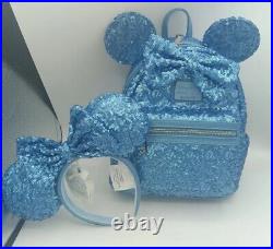 Disney Parks Loungefly Backpack & Ears Cornflower Flower Blue Sequins 2024 Combo