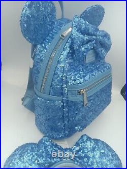 Disney Parks Loungefly Backpack & Ears Cornflower Flower Blue Sequins 2024 Combo