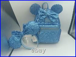 Disney Parks Loungefly Backpack & Ears Cornflower Flower Blue Sequins 2024 Combo