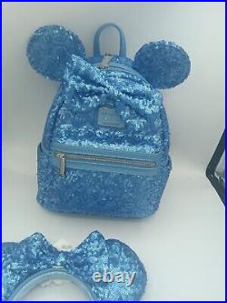 Disney Parks Loungefly Backpack & Ears Cornflower Flower Blue Sequins 2024 Combo