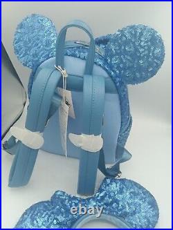 Disney Parks Loungefly Backpack & Ears Cornflower Flower Blue Sequins 2024 Combo