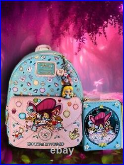 LOUNGEFLY DISNEY ALICE IN WONDERLAND TEA PARTY MINI BACKPACK, Wallet, & Charm