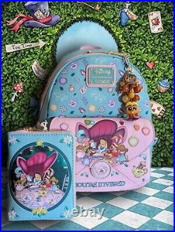 LOUNGEFLY DISNEY ALICE IN WONDERLAND TEA PARTY MINI BACKPACK, Wallet, & Charm