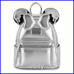 Loungefly Disney Parks 100th Anniversary Mickey Ear Bow Silver Drip Backpack New