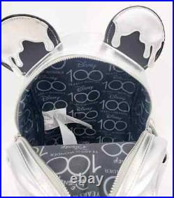 Loungefly Disney Parks 100th Anniversary Mickey Ear Bow Silver Drip Backpack New