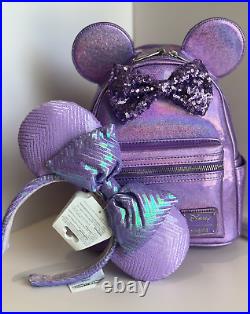 Loungefly Disney Parks PURPLE GLITTER SPARKLE Minnie Mouse Backpack + Sequin Ear