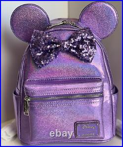 Loungefly Disney Parks PURPLE GLITTER SPARKLE Minnie Mouse Backpack + Sequin Ear