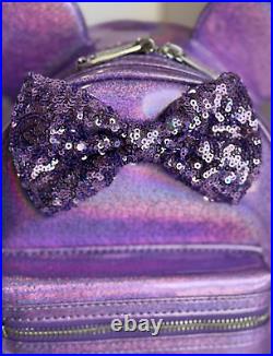 Loungefly Disney Parks PURPLE GLITTER SPARKLE Minnie Mouse Backpack + Sequin Ear