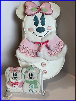 NEW Loungefly Disney 2023 Minnie Mouse Figural Pastel Snowman Backpack + Wallet