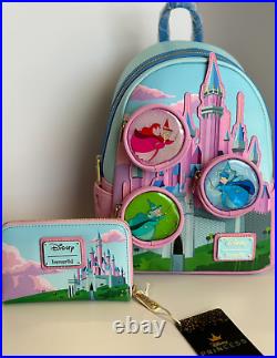 NEW Loungefly Disney SLEEPING BEAUTY Stained Glass CASTLE Mini Backpack + Wallet