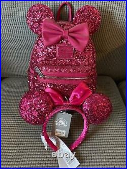 NWOT Disney Parks Loungefly Sequins Hot Pink Orchid Backpack And Ears