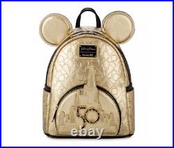 NWT Mickey Disney World 50th Anniversary Genuine Leather Gold Loungefly Backpack