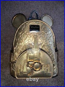 Walt Disney World 50th Anniversary Gold Leather Castle Luxe Backpack Loungefly